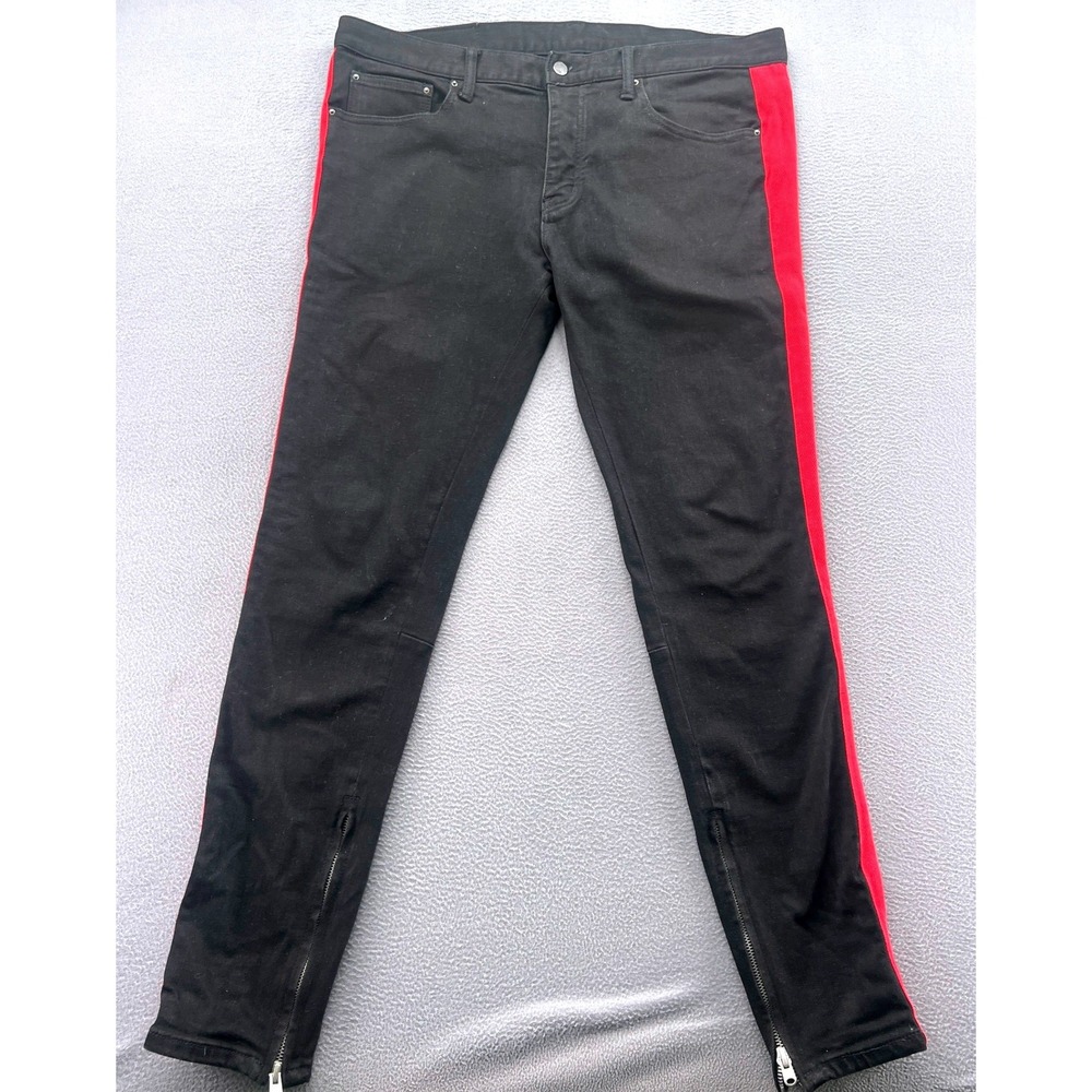 MNML Jeans Mens 38 Black Denim Red Side Stripe Zipper Ankle Slim Fit